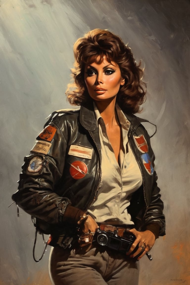 (portrait of Sofia Loren wearing old futuristic flight jacket, scars, scrap metal, radio, scarf, 1970s), in the style of Frank Frazetta, Arther Rackham, Dean Cornwell, pulp, volumetric lighting, dramatic lighting, pulp science fiction, black, smoke, belt, backpack, warm colors