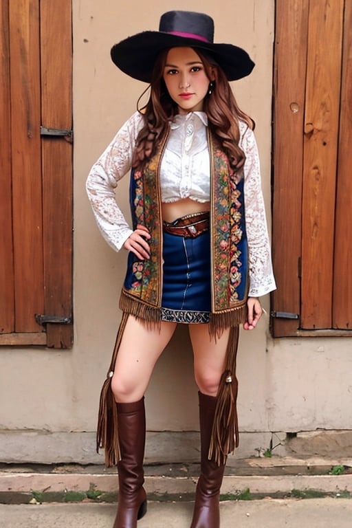 Inthe style of Milo Manara, a detailed portrait of Beautiful Argentina traditional gaucho girl shot, intricately detailed silver alpaca accesories, brown hat, full body, long brown hair, on a Buenos Aires Estancia