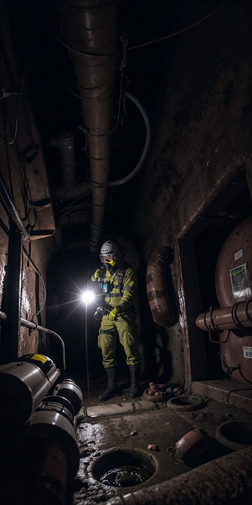 A County worker at Los Angeles Sewer line, using a Self Contained breathing apparatus, harnessed, hard hard, googles, gloves,  radio to communicate, flashlights, descending trough a sewer manhole into a giant vault, humid, water vapor, mold, dim lights, (((rats, cockroaches, feces)))