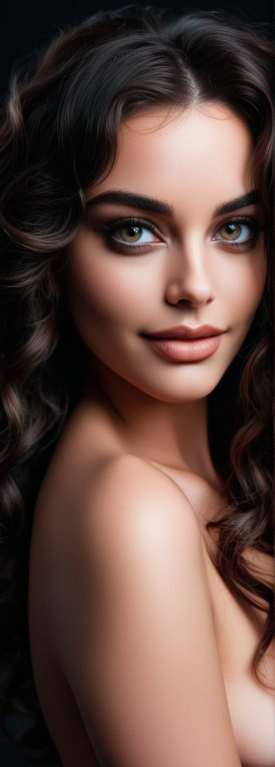 shot of a stunning woman, posing seductively in front of a sleek black background. Her piercing eyes gaze directly into the camera, her full lips curled into a sly smile. Her hair is styled in luscious waves framing her flawless face, with a subtle hint of smoky eye makeup adding to her sultry charm.