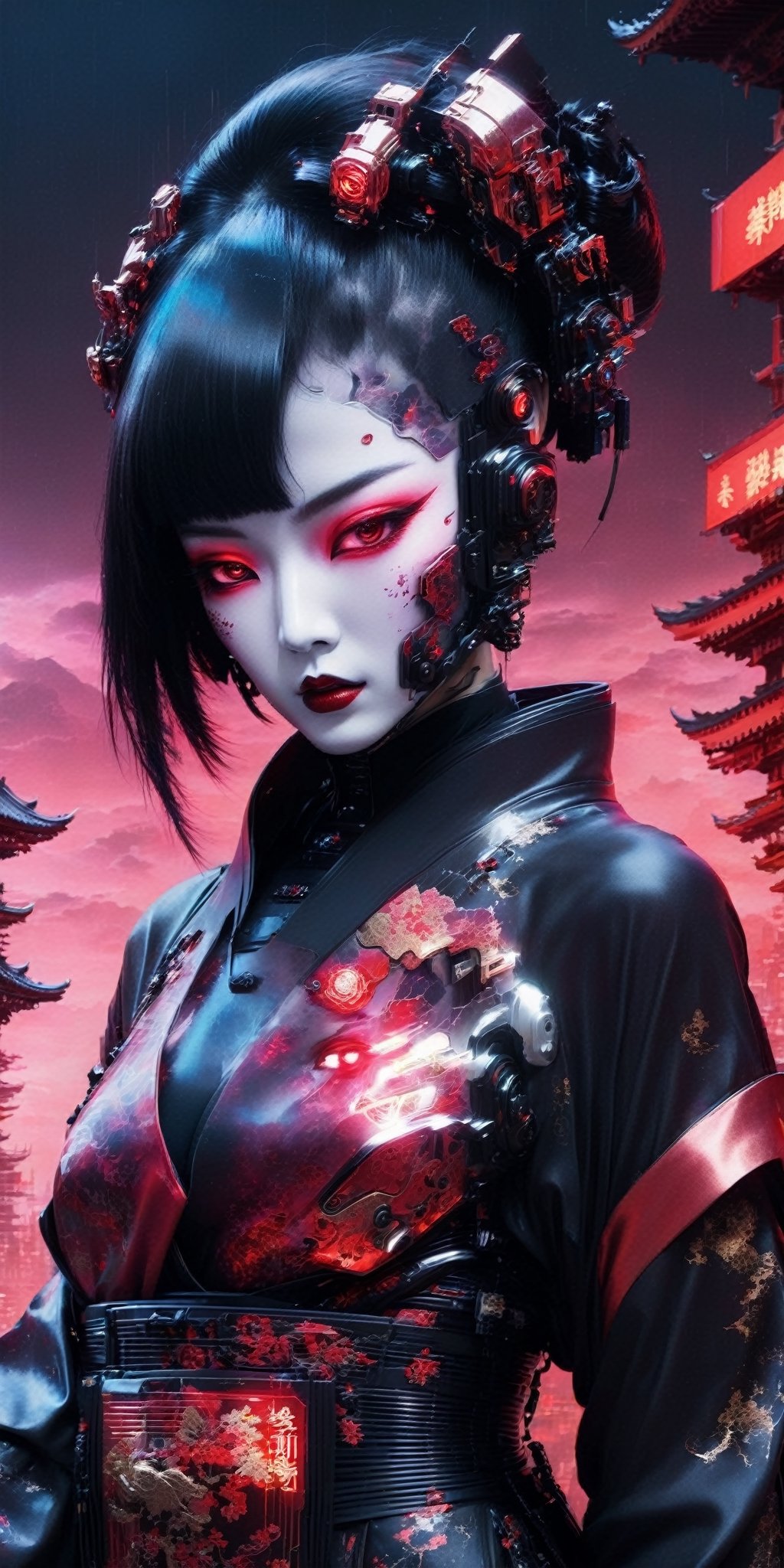 Generate a high-definition, world-class image featuring a lethal geisha cyborg assassin donning a hooded kimono and futuristic armor in a post-apocalyptic setting. The backdrop should depict a red-gold sky, merging elements of neon horror, glitch-core, and dystopian sci-fi aesthetics. The composition should exhibit a blend of modern European ink painting and mixed media, creating a beautifully ominous and hauntingly beautiful scene. The cyborg should exude an androgynous, otherworldly allure, with a captivating fusion of black and neon cosmic art elements. The image should evoke a sense of analog horror, drawing inspiration from the Meiji era silk and space punk influences. This artwork should be a modern masterpiece, exceptionally unique and exquisite in its dark fantasy and apocalypse art style, reminiscent of calotype techniques, with a surreal touch of transparent nylon.