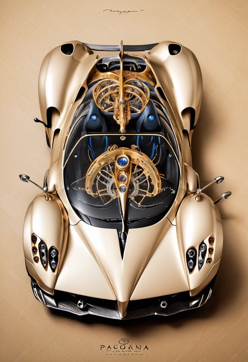 On the theme of (((Pagani Huayra))) specs, apply Leonardo Da Vinci's art style using technical (((drawing and isometric views))). Incorporate the golden ratio, and for added realism, depict a hyper-realistic hand engaged in the drawing process. Infuse a touch of Magical Fantasy style with a target resolution of 6000.,c_car