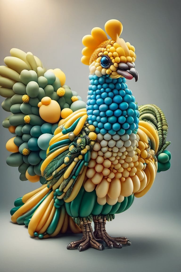 baloonz, chibi mister like a pokemon made out of baloons, Indian peafowl, sitting in a tree, at morning, very cute,balloonz