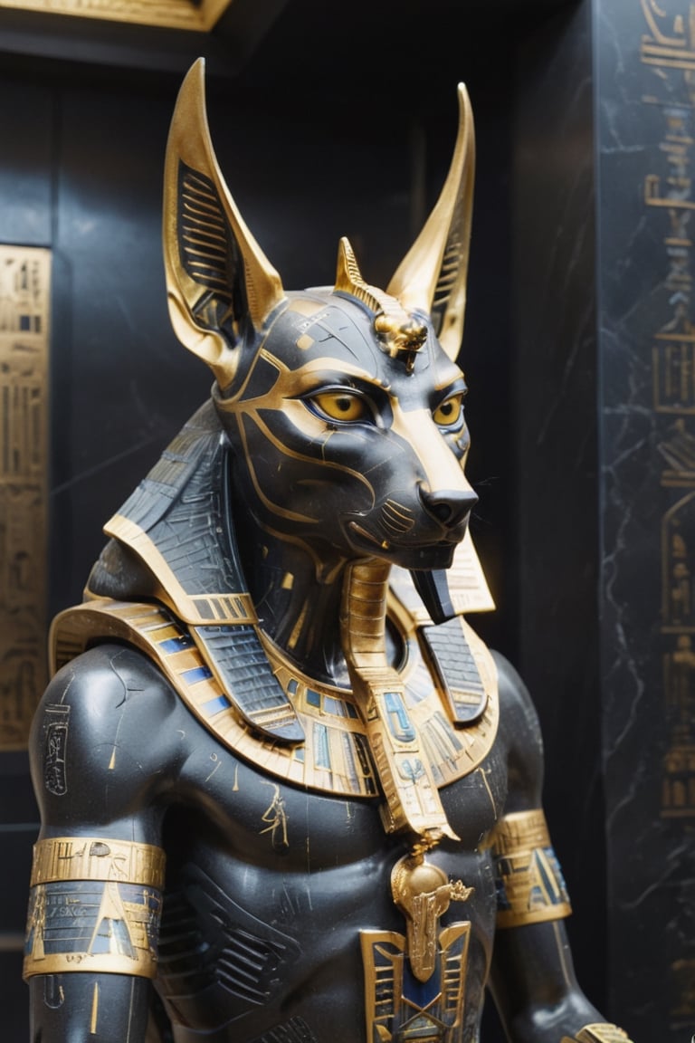 Masterpiece sculpture of Anubis "God of Death" in a futuristic reinterpretation, avant-Egyptian, The Monumental god figure is immensely complex and futuristic. Sculpted in black granite with an ultra smooth finish and gold inlays, modular, sacred hieroglyphs. Dark background with projected dim Egyptian symbology made of light. Grand and sober. Portrait shot, center focus, laser-cut, hyper-detail, Sci-fy, futuristic-avant-Egyptian. --no mockup, bad anatomy, text, signature, watermark, username, low resolution, worst quality, low quality, jpeg artefacts, blurry, cropped, badly framed