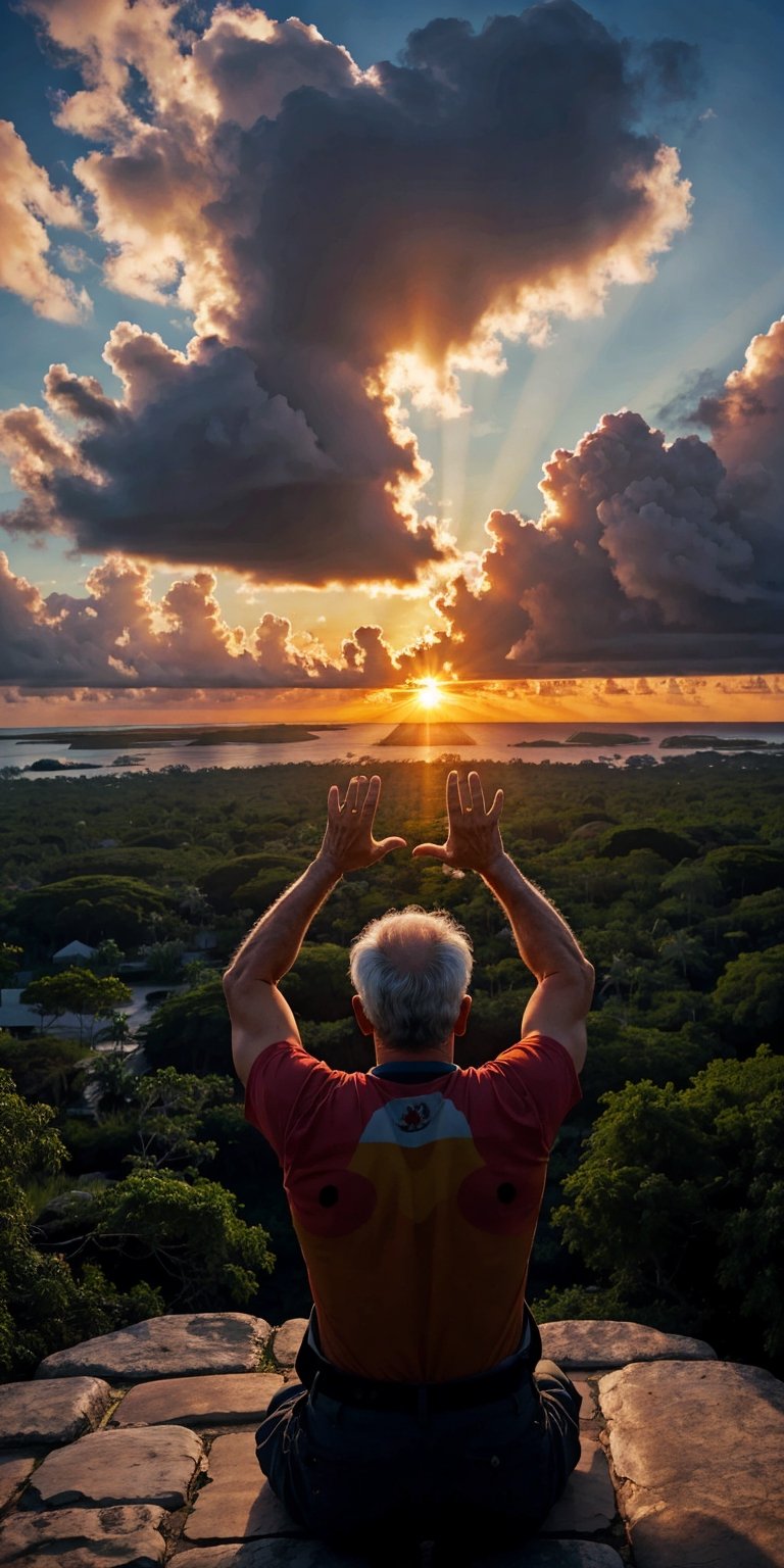 A old Mexican chamán is praying with his arms extended towards the sunrise, a new year has come bringing hope, love, and new dreams. The scene happens at the top of a Mayan pyramid in Cancun, the sun is coming out of the Caribbean Sea, welcome 2024