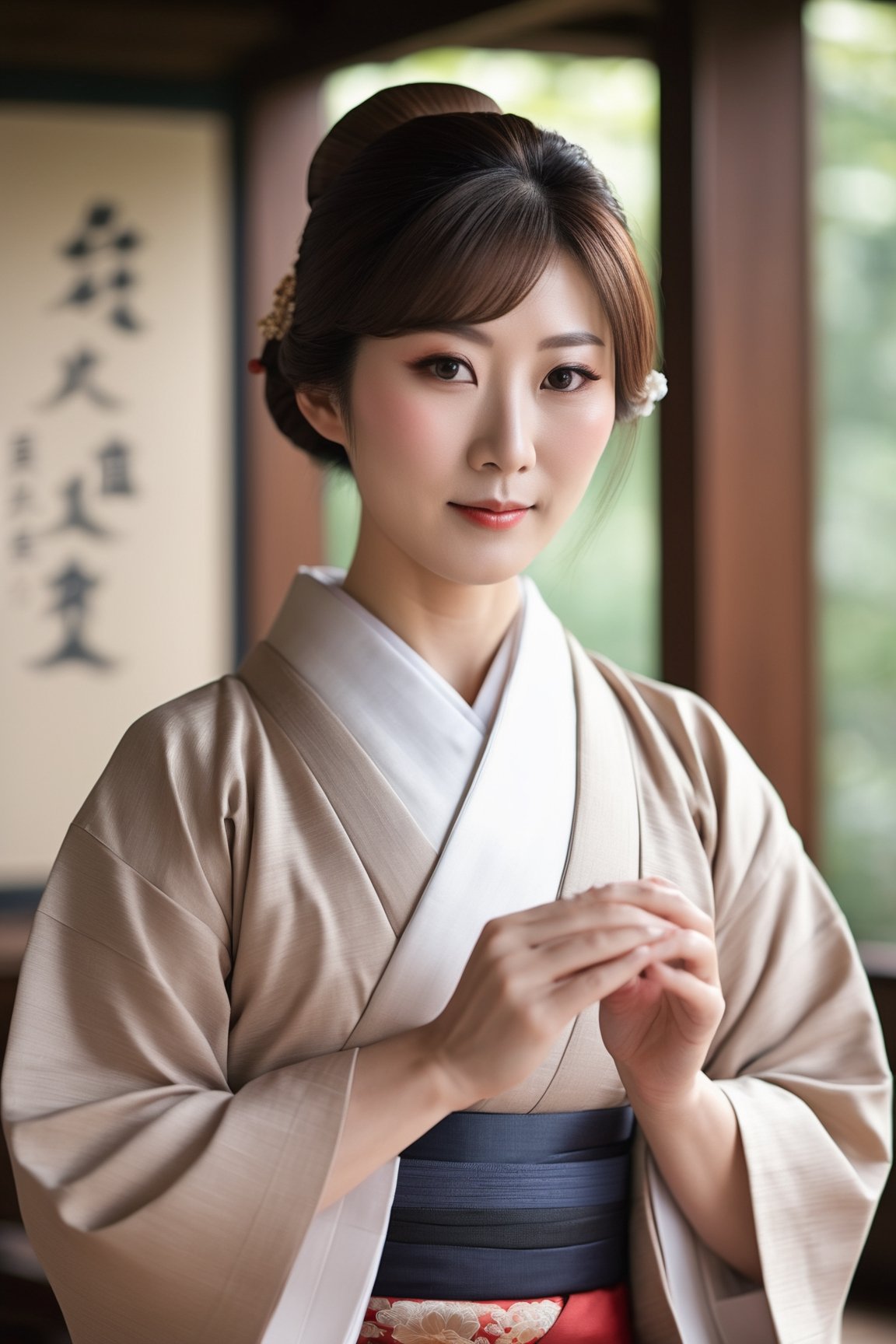 Generate a portrait photo of the most honored master of tea ceremony in Japan, inspired by Yuma Asami, sharp-focus, highly detailed, masterpiece, photorealistic