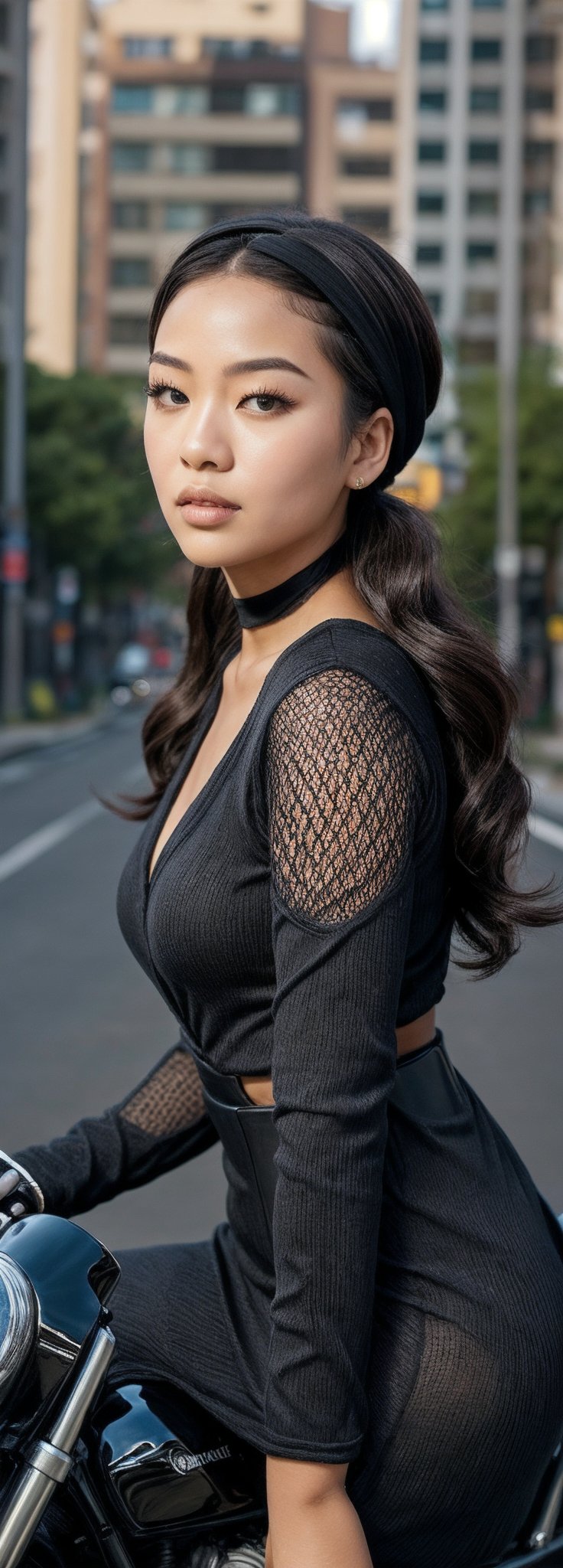 In a vibrant, wide-angle composition reminiscent of impressionist masters, a young Korean girl sits astride a Kawasaki Ninja 400 motorcycle, surrounded by cluttered maximalism. She wears a crocheted dress and patterned leggings, her striking features accentuated by soft lighting that wraps around her face like a gentle caress. Her high nose bridge, doe eyes, sharp jawline, plump lips, and hourglass figure are all rendered in hyperrealistic precision. A hairband adorns her styled locks as she poses confidently amidst the chaotic backdrop, exuding womancore energy and an air of Mote Kei mystique.