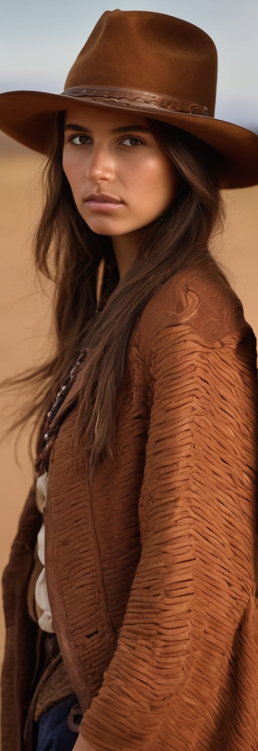 Detailed portrait of Beautiful Argentina gaucho girl shot, brown hat, full body, on Hasselblad 501c three point lighting Sci-Fi atmosphere,