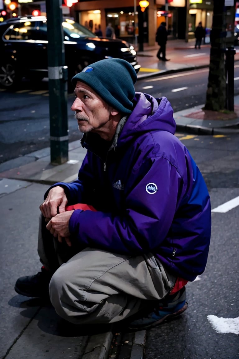 A Seattle homeless woman sitting on the sidewalk calls out to a man on the street asking: "Sir, can you help me?, It's cold and I've nowhere to sleep
Is there somewhere you can tell me?"
