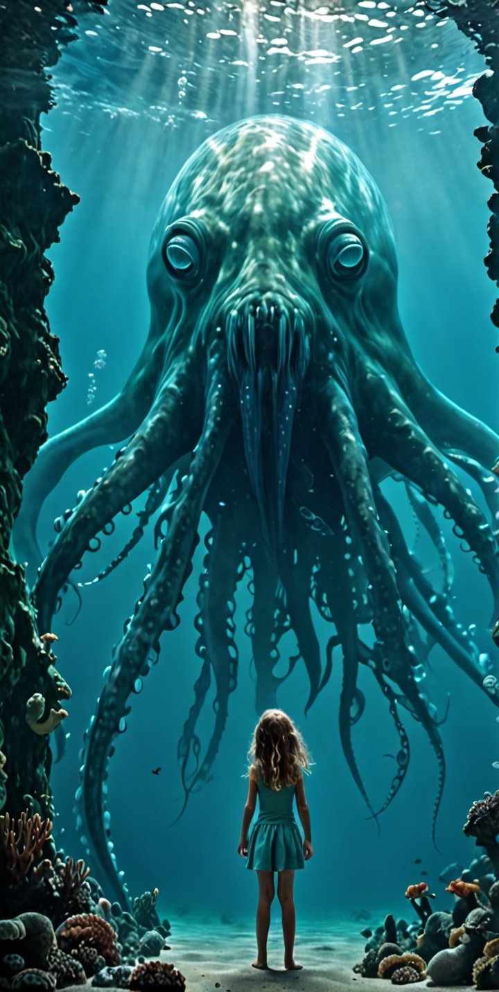 through the transparent barrier of an underwater observation pod, a terrified young girl gazes wide-eyed at the colossal figure of a ravenous sea monster. The glass wall magnifies the immense predator's size, highlighting its rows of razor-sharp teeth and its cold, predatory eyes fixed on the small human. The girl's fear is palpable, her small frame contrasted against the overwhelming might of the A beautiful  futuristic anthropomorphic beautifull squid-like-woman outside, splash art, fractal art, colorful, a winner photo award, detailed photo, Arnold render, 16K, cyborg style, biopunk style. The underwater scene is enveloped in an eerie blue-green glow, illuminated by the pod's artificial lighting. This tense and dramatic moment is captured as a hauntingly realistic photograph, taken with a telephoto lens that captures both the intricate details of the monter's features and the raw emotion etched across the girl's face.,Movie Still