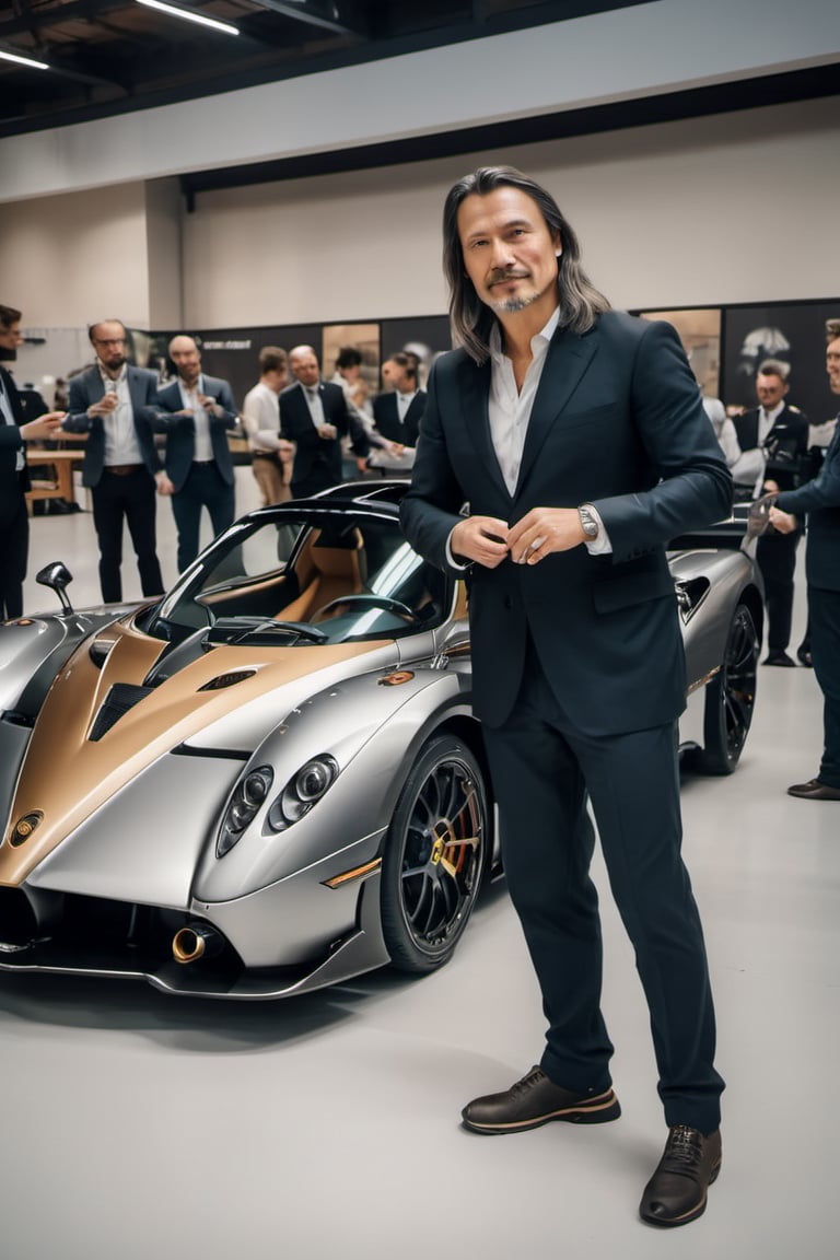 Make a picture of Leonardo da Vinci in Renaissance clothing at a modern Pagani Zonda car assembly. Show him checking the car and talking to the engineers. Create a movie still-style image in high quality with detailed facial features (skin: 1.2) and a subtle film grain effect, like Fuji-film XT3s cameras. Use soft lighting and an 8k UHD resolution shot with a DSLR