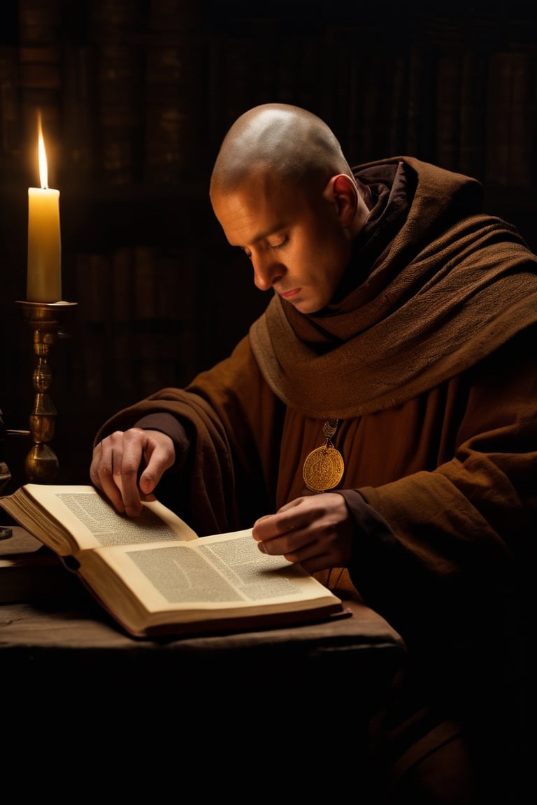 Detailed portrait of a Medieval Monk translating books shot, on Hasselblad 501c three point lighting Sci-Fi atmosphere,