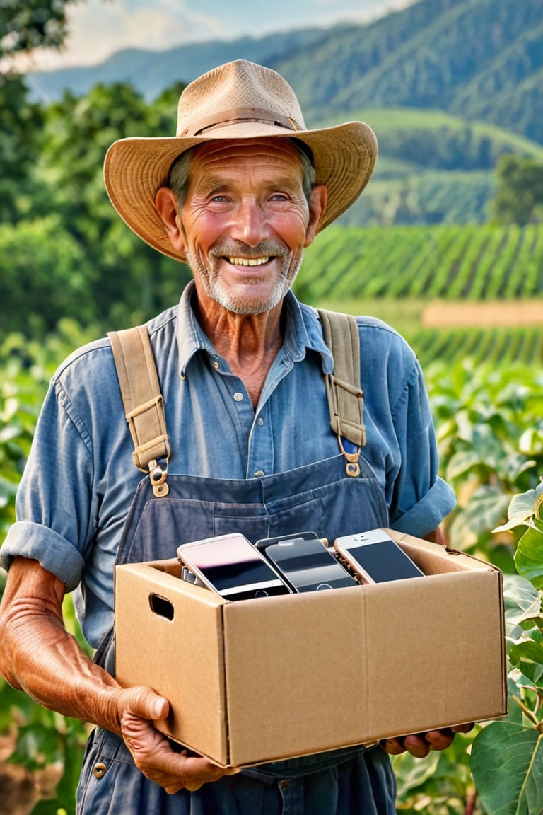 Generate a portrait photo of an old farmer carrying a box of iPhones, smiling, in summer, detailed background, beautiful detailed eyes, highly detailed, masterpiece, photorealistic,nature