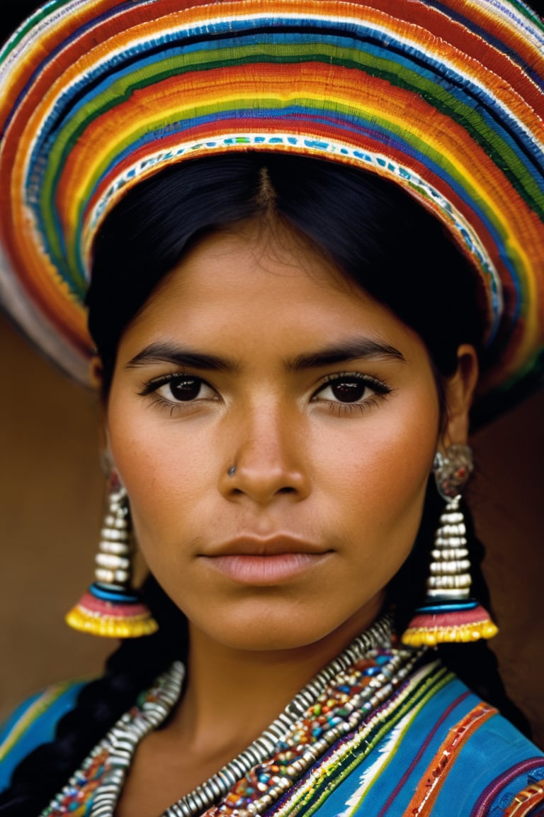 Detailed portrait of Beautiful Bolivian cholita girl shot, cholita hat, on Hasselblad 501c three point lighting Sci-Fi atmosphere,