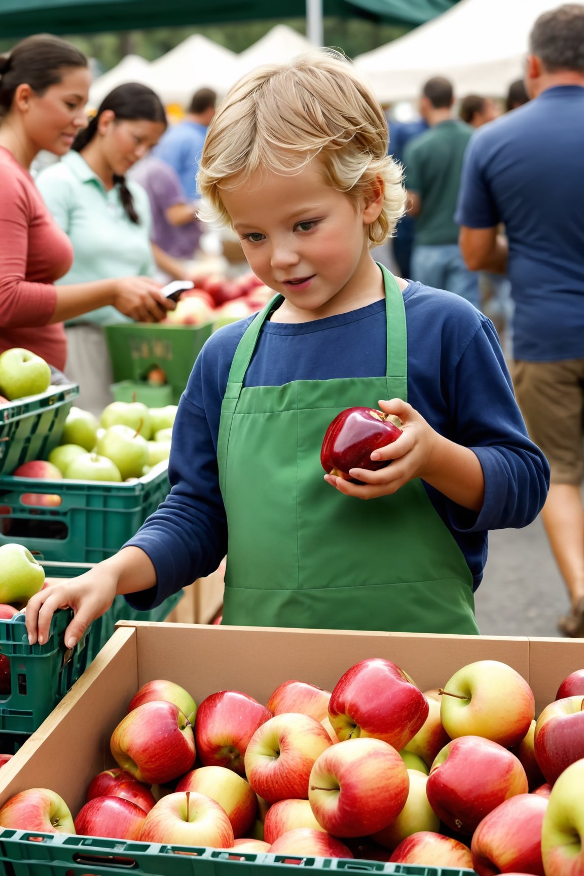 Imagine a visually striking scene at a lively farmers' market where a young kid is in the process of exchanging their iPhone for a fresh, crisp apple. The image should showcase the child's enthusiasm and the vendor's reaction, with other market-goers in the background, reflecting various emotions as they observe this unique and unexpected bartering scenario. The image should convey a sense of curiosity, surprise, and the contrast between modern technology and natural produce, masterpiece, photorealistic,nature