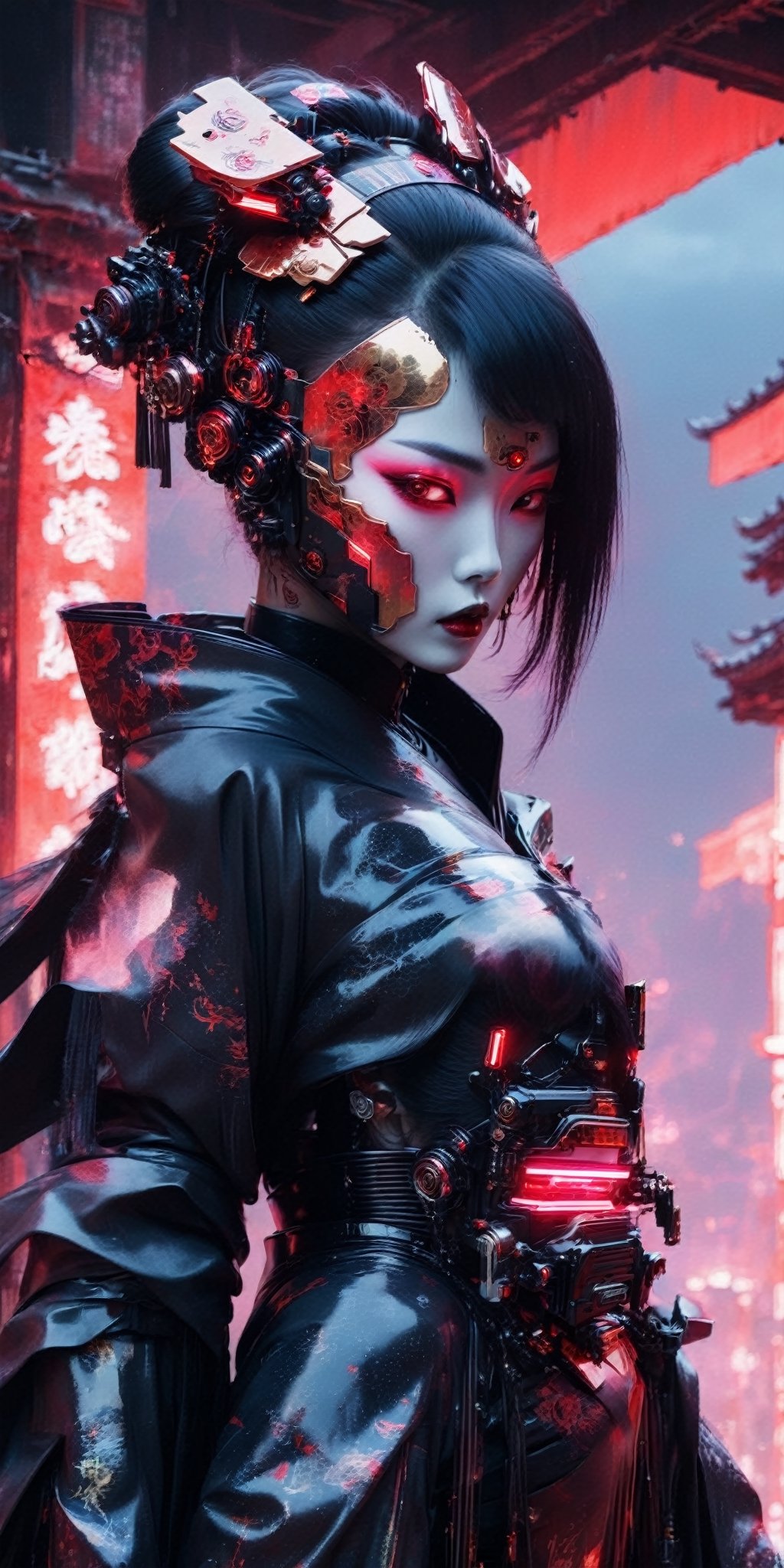 Generate a high-definition, world-class image featuring a lethal geisha cyborg assassin donning a hooded kimono and futuristic armor in a post-apocalyptic setting. The backdrop should depict a red-gold sky, merging elements of neon horror, glitch-core, and dystopian sci-fi aesthetics. The composition should exhibit a blend of modern European ink painting and mixed media, creating a beautifully ominous and hauntingly beautiful scene. The cyborg should exude an androgynous, otherworldly allure, with a captivating fusion of black and neon cosmic art elements. The image should evoke a sense of analog horror, drawing inspiration from the Meiji era silk and space punk influences. This artwork should be a modern masterpiece, exceptionally unique and exquisite in its dark fantasy and apocalypse art style, reminiscent of calotype techniques, with a surreal touch of transparent nylon.