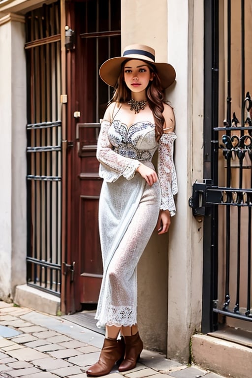 Inthe style of Milo Manara, a detailed portrait of Beautiful Argentina traditional gaucho girl shot, intricately detailed silver alpaca accesories, brown hat, full body, long brown hair, on a Buenos Aires Estancias forged iron entry gate