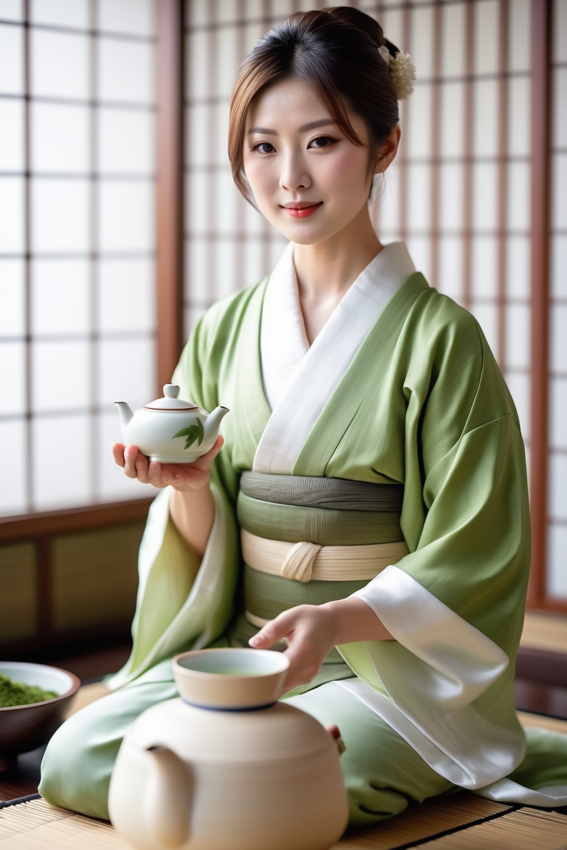 Generate a full body photo of the tea ceremony in Japan serving matcha, inspired by Yuma Asami, sharp-focus, highly detailed, masterpiece, photorealistic, background of traditional tea house, wearing a white translucent silk kimono only