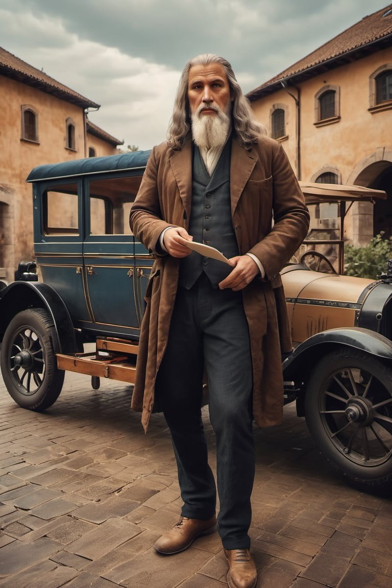 Create an engaging image of Leonardo da Vinci in Renaissance attire at his atelier. Show him inspecting the vehicle,  and takin notes. Produce a movie still-style image in RAW format with full sharpness, detailed facial features (skin: 1.2), and a subtle film grain effect, resembling Fuji-film XT3s cameras. Ensure a high-quality 8k UHD resolution, taken with a DSLR in soft lighting