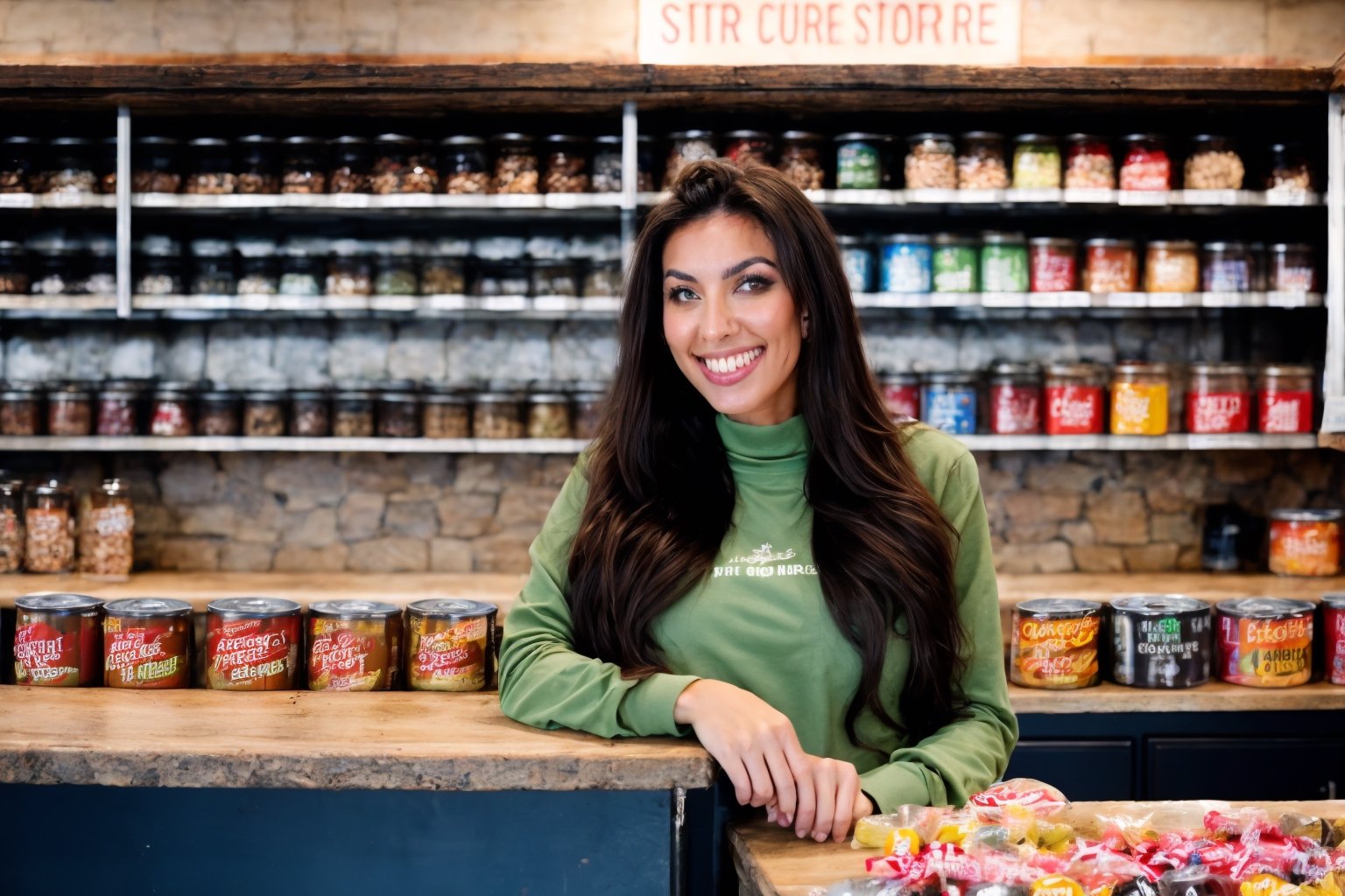  fairytale, 29 year old, straight long black hair, huge tits, extremely cute Mexican woman, (((behind the counter of a little town rustic store))), background of shelves full of food cans,( (two glass shelves one on each side of her,  on top of the counter filled with candies)), she wears a long sleeve green Abercrombie shirt and jeans, she leans towards the counter letting the observer see her nice tits, low intensity lights on the store