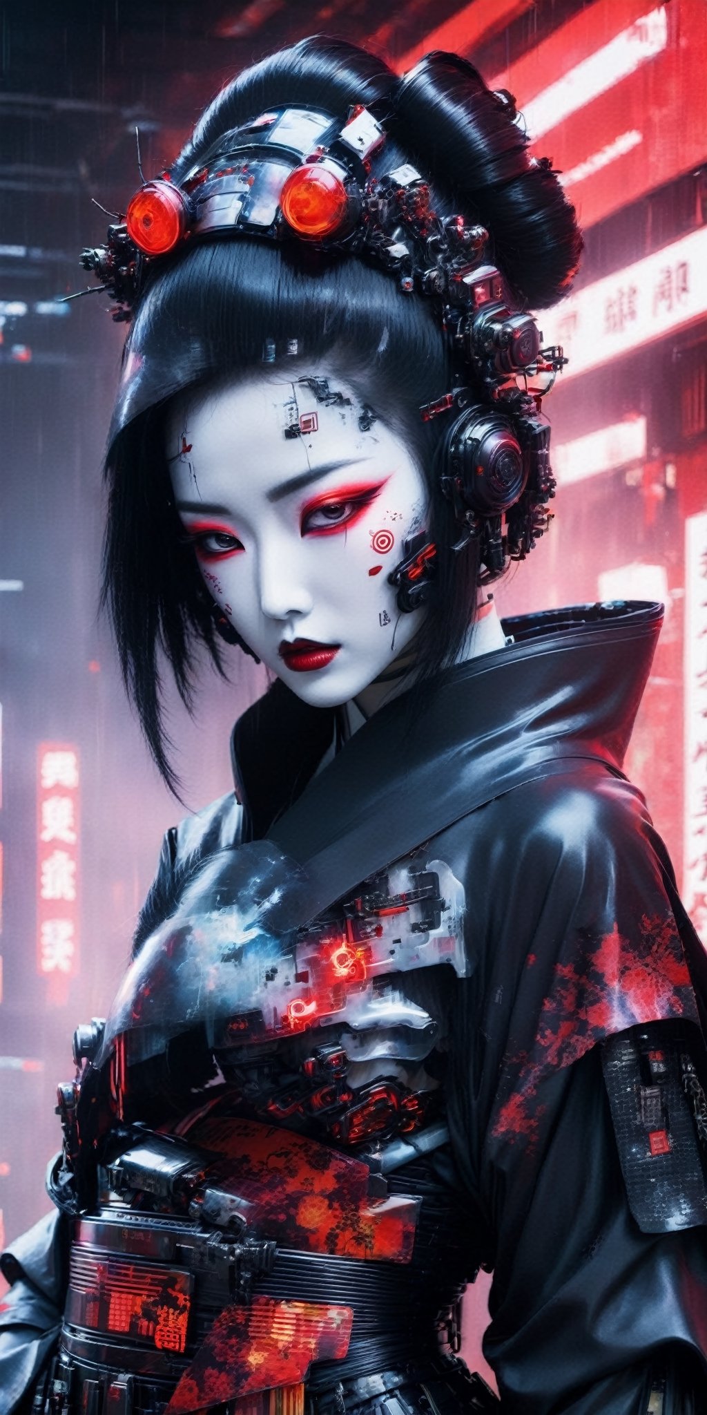 Generate a high-definition, world-class image featuring a lethal geisha cyborg assassin donning a hooded kimono and futuristic armor in a post-apocalyptic setting. The backdrop should depict a red-yellow-white sky, merging elements of neon horror, glitch-core, and dystopian sci-fi aesthetics. The composition should exhibit a blend of modern European ink painting and mixed media, creating a beautifully ominous and hauntingly beautiful scene. The cyborg should exude an androgynous, otherworldly allure, with a captivating fusion of black and neon cosmic art elements. The image should evoke a sense of analog horror, drawing inspiration from the Meiji era and space punk influences. This artwork should be a modern masterpiece, exceptionally unique and exquisite in its dark fantasy and apocalypse art style, reminiscent of calotype techniques, with a surreal touch of transparent nylon.