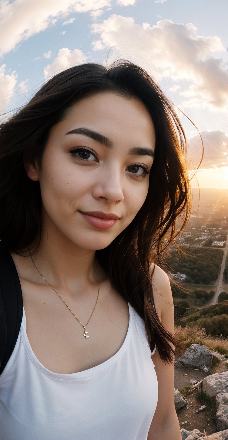 xxmix_girl,a woman takes a fisheye selfie on the top of a mountain at sunset, the wind blowing through her messy hair. The sun behind her, creating a stunning aesthetic and atmosphere with a rating of 1.2.,xxmix girl woman, futanari, close up, fisheye selphie, ,Hayoon,Narin,Realism,realistic