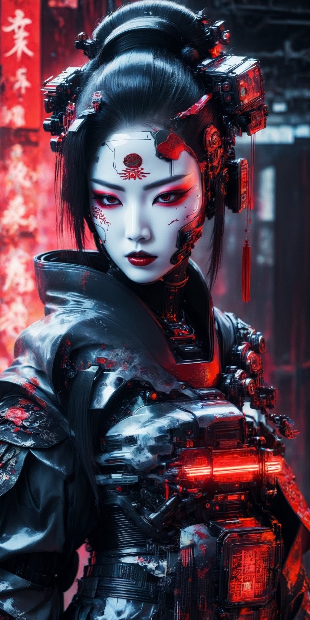 Generate a high-definition, world-class image featuring a lethal geisha cyborg assassin donning a hooded kimono and futuristic armor in a post-apocalyptic setting. The backdrop should depict a red-yellow-white sky, merging elements of neon horror, glitch-core, and dystopian sci-fi aesthetics. The composition should exhibit a blend of modern European ink painting and mixed media, creating a beautifully ominous and hauntingly beautiful scene. The cyborg should exude an androgynous, otherworldly allure, with a captivating fusion of black and neon cosmic art elements. The image should evoke a sense of analog horror, drawing inspiration from the Meiji era and space punk influences. This artwork should be a modern masterpiece, exceptionally unique and exquisite in its dark fantasy and apocalypse art style, reminiscent of calotype techniques, with a surreal touch of transparent nylon.