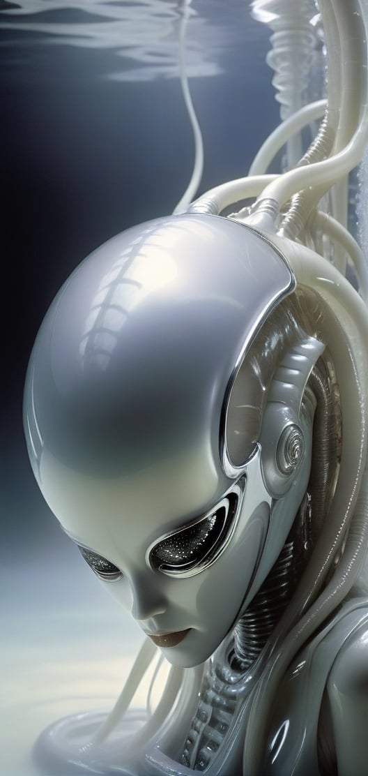 In Tim Walker's and hr giger's signature style,the captivating image showcases a singular ethereal and enigmatic abyssal biomechanoid alien in the fetal position, Enveleloped in a Oily glistening fluid, surrounded by strange biomechanical tubes and machinery. This fantastical being possess an otherworldly allure, their translucent skin shimmering with a soft bioluminescence, as if touched by moonlight. Their opalescent eyes gleam with a mesmerizing intensity, drawing viewers deeper into the enigmatic world captured in this exquisitely photographed image. 