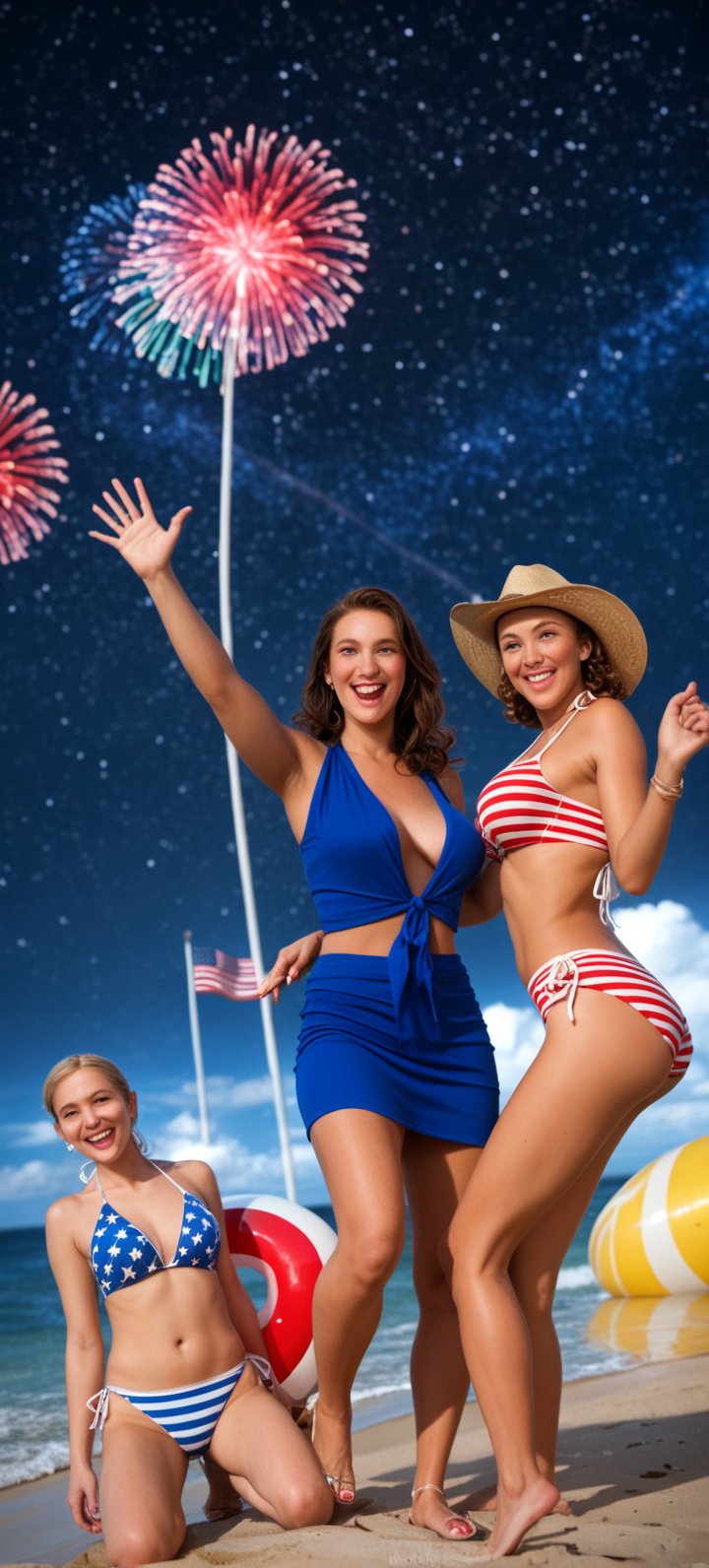 A vibrant tableau captures the essence of American unity and joy. Ten stunning women from diverse ethnic backgrounds come together to celebrate Independence Day. Dressed in red, white, and blue, they embody patriotism with sizzling swimsuits, stars-and-stripes bikinis, and gleaming cowboy hats. Amidst a backdrop of twinkling fireworks, American flags wave proudly as the ladies strike sultry poses, their faces aglow under the starry night sky.