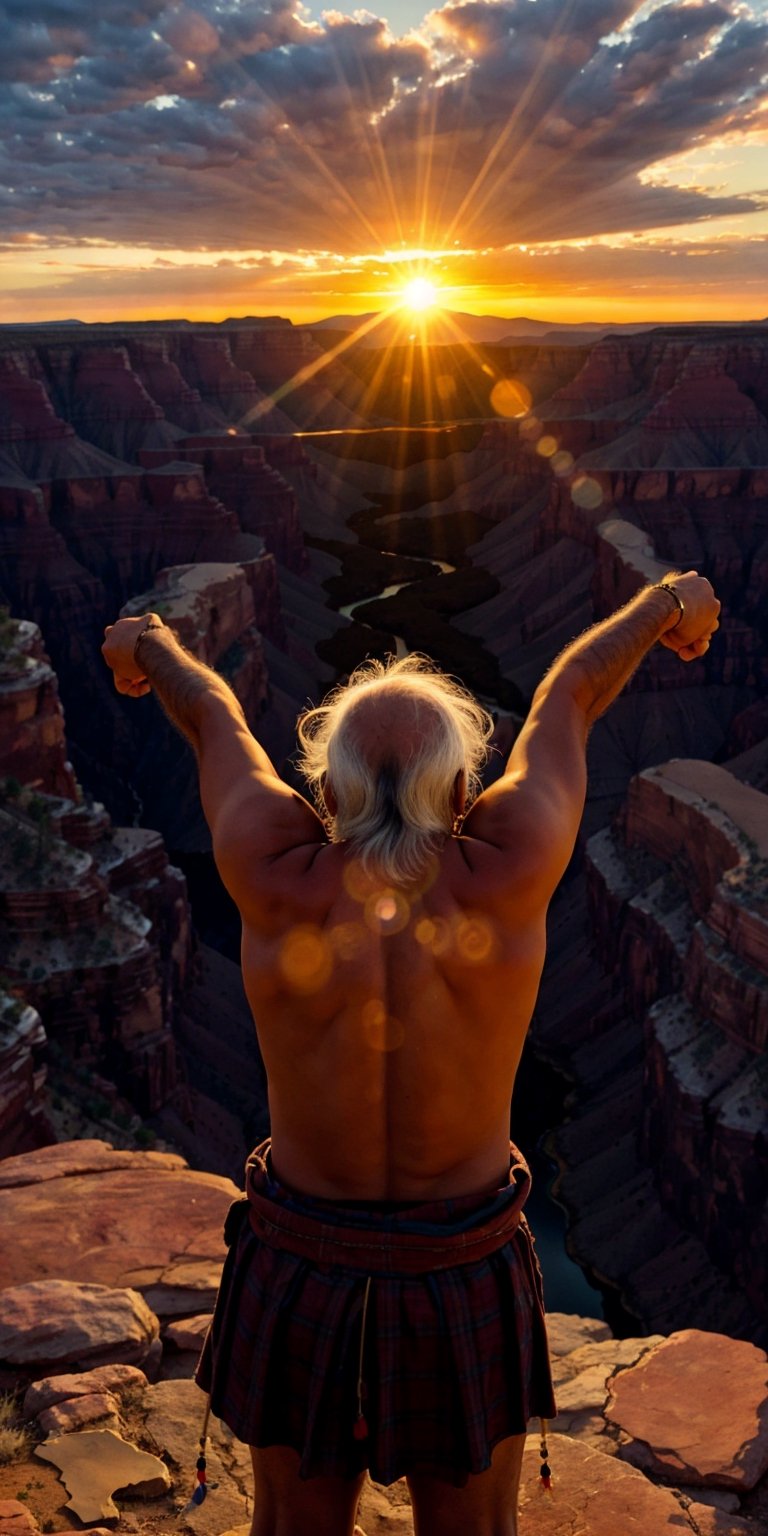 A old Hopi chamán is praying with his arms extended towards the sunrise, a new year has come bringing hope, love, and new dreams. The scene happens at the top of the Grand Canyon in Arizona, the sun is coming out of the mountains , welcome 2024