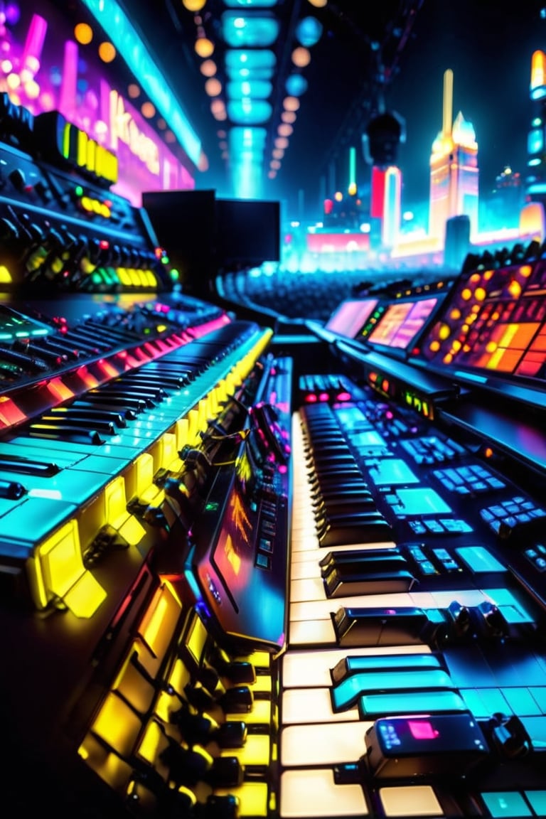 (masterpiece:1.2) (photorealistic:1.2) (bokeh) (best quality) (intricate details) (8k) (HDR) (cinematic lighting) (sharp focus) incredible dreamscape (impossible:1.2) Futuristic Korg Synthesizer, 88 key keyboard, 2 touchscreens, many knobs, 
,UraniumTech,((( A band like Depeche Mode with Tesla Robots giving a concert at the Allegiance Arena in Las Vegas)))