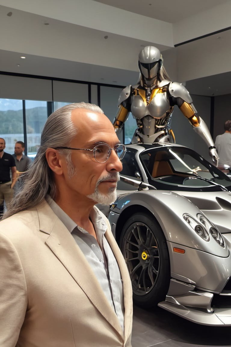 Create an engaging image of Leonardo da Vinci in Renaissance attire at a modern Pagani Zonda car assembly. Show him inspecting the vehicle and conversing with contemporary engineers, blending Renaissance genius with modern technology. Produce a movie still-style image in RAW format with full sharpness, detailed facial features (skin: 1.2), and a subtle film grain effect, resembling Fuji-film XT3s cameras. Ensure a high-quality 8k UHD resolution, taken with a DSLR in soft lighting