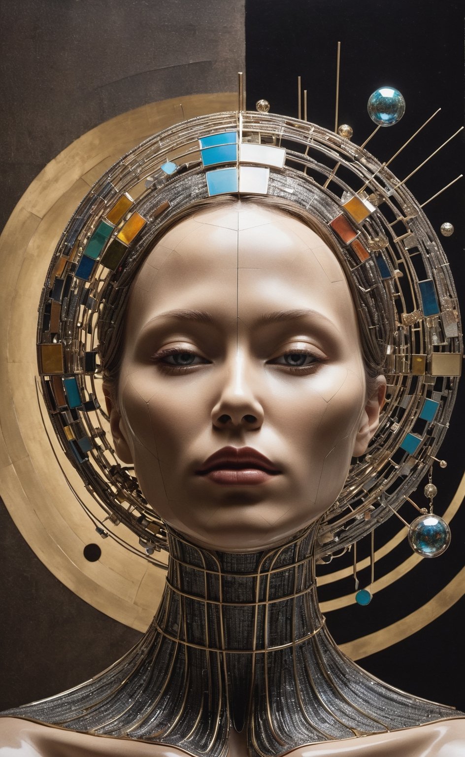 The human head consists of simple geometric shapes,square shapes,round form,spherical body、square shapes,Graphic illustration,closeup cleavage,In fantastic installation style,Realistic and imaginative,hang/hang,Multi-layered collage,metals、highlight,Radial,aw0k magnstyle