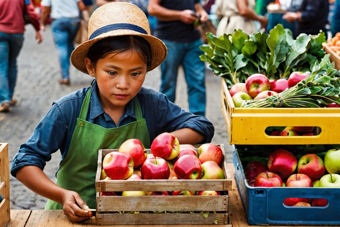 Craft an evocative image that tells the story of a curious child at a vibrant farmers' market, eagerly offering their shiny iPhone to a vendor in exchange for a pristine, mouthwatering apple. The scene should capture the anticipation and wonder on the child's face, the bemusement of the vendor, and the intrigue of the surrounding market-goers as they witness this unexpected barter, masterpiece, photorealistic,nature