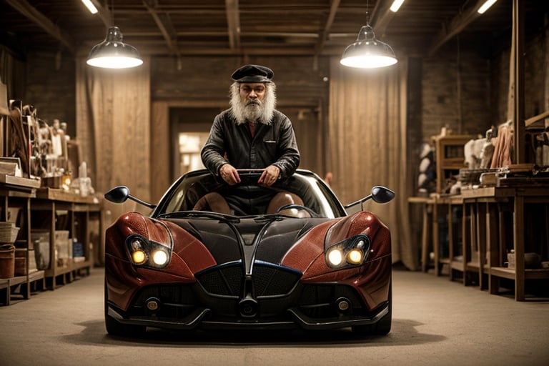 Create a captivating image portraying ((Leonardo da Vinci)) making a ((Pagani Zonda concept  car)) with wood and clay at his assembly atelier in Florence. Renaissance-style clothing from Leonardo da Vinci's era. This includes a doublet, high-collar shirt, colorful hose, codpiece, cloak, beret with feather, and leather shoes. Ensure historical accuracy and attention to clothing details. Renaissance ambient illuminated by candles. Deliver the image in the style of a movie still, with RAW photo format, full sharpness, and intricate facial details (highly detailed skin: 1.2). Ensure an 8k UHD resolution, shot with a DSLR and featuring soft lighting for a high-quality appearance. Incorporate a subtle film grain effect reminiscent of Fuji-film XT3s cameras, mature, wide angle