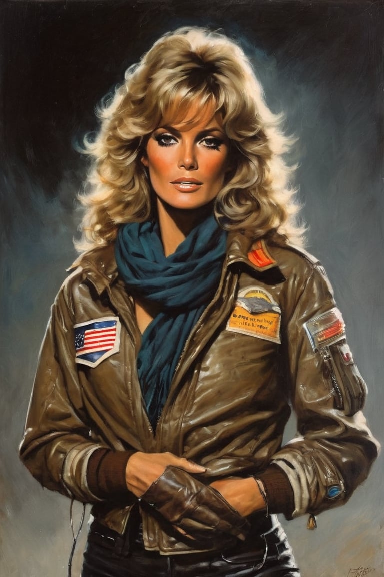 (portrait of Farrah Fawcett wearing old futuristic flight jacket, scars, scrap metal, radio, scarf, 1970s), in the style of Frank Frazetta, Arther Rackham, Dean Cornwell, pulp, volumetric lighting, dramatic lighting, pulp science fiction, black, smoke, belt, backpack, warm colors