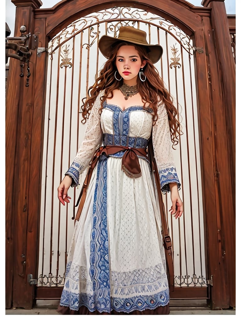 Inthe style of Milo Manara, a detailed portrait of Beautiful Argentina traditional gaucho girl shot, intricately detailed silver alpaca accesories, brown hat, full body, long brown hair, on a Buenos Aires Estancias forged iron entry gate