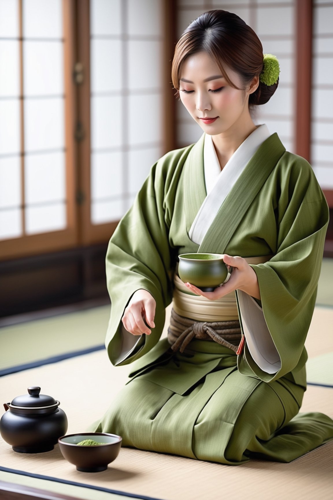 Generate a full body photo of the most honored master of tea ceremony in Japan serving matcha, inspired by Yuma Asami, sharp-focus, highly detailed, masterpiece, photorealistic