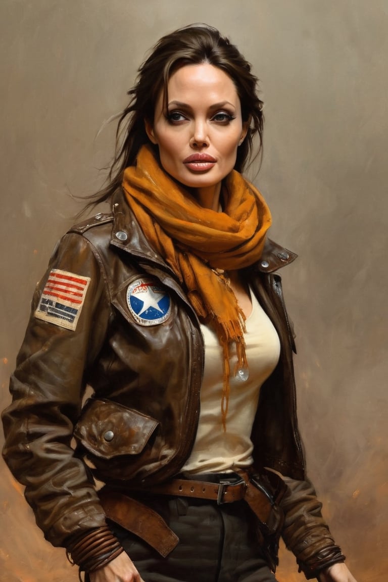 (portrait of Angelina Jolie wearing old futuristic flight jacket, scars, scrap metal, radio, scarf, 1970s), in the style of Frank Frazetta, Arther Rackham, Dean Cornwell, pulp, volumetric lighting, dramatic lighting, pulp science fiction, black, smoke, belt, backpack, warm colors