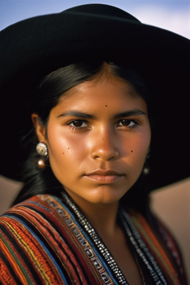 Detailed portrait of Beautiful Bolivia cholita girl shot, cholita black hat, on Hasselblad 501c three point lighting Sci-Fi atmosphere,