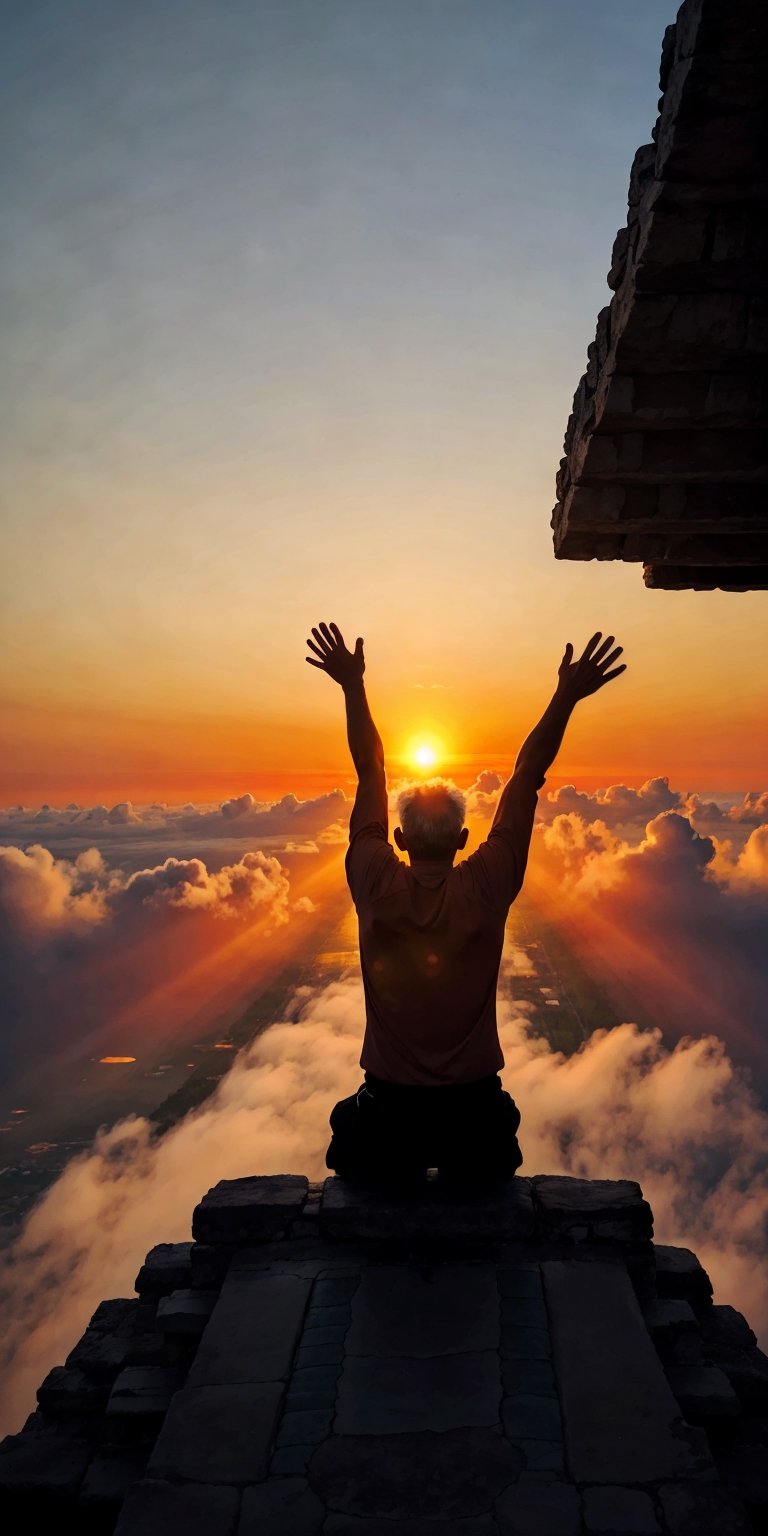 A old Mexican chamán is praying with his arms extended towards the sunrise, a new year has come bringing hope, love, and new dreams. The scene happens at the top of a Mayan pyramid in Cancun, the sun is coming out of the Caribbean Sea, welcome 2024