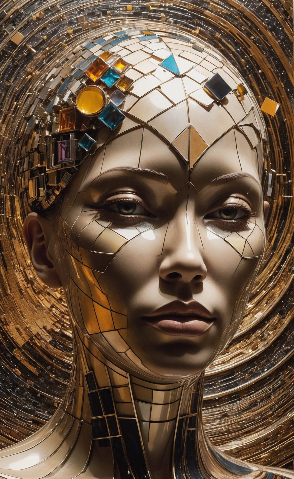 The human head consists of simple geometric shapes,square shapes,round form,spherical body、square shapes,Graphic illustration,closeup cleavage,In fantastic installation style,Realistic and imaginative,hang/hang,Multi-layered collage,metals、highlight,Radial,aw0k magnstyle