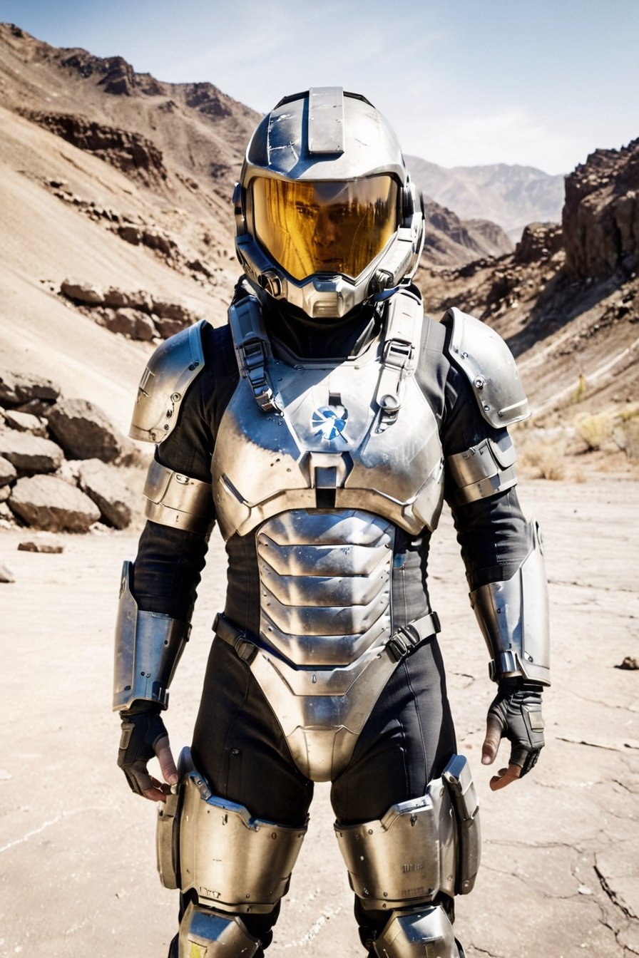 Capture a close-up shot of the hexagonal structure of the Vault 137 thermal suit worn by the soldier, highlighting its intricate design and rugged durability amidst the sandy and rocky wasteland of Fallout 5.

The photo focuses on a section of the soldier's armor, zooming in to reveal the detailed hexagonal pattern of the thermal suit's panels. Each hexagon, measuring half an inch, is meticulously arranged to cover the soldier's body surface, providing optimal thermal capabilities for survival in extreme temperatures.

The hexagonal panels exhibit signs of wear and tear, with scratches and scuff marks indicating the harsh conditions of the wasteland. Despite the rugged exterior, the metallic sheen of the panels reflects the dim light filtering through the toxic haze, hinting at the advanced technology woven into the fabric of the suit.

In the background, the sandy and rocky terrain of the wasteland stretches out, blurred to emphasize the focus on the hexagonal structure of the thermal suit. The soldier's presence is implied but not shown, allowing viewers to appreciate the intricate details of the armor in isolation.

This close-up shot offers a glimpse into the craftsmanship and functionality of the Vault 137 thermal suit, showcasing its resilience and adaptability as a vital tool for survival in the unforgiving world of Fallout 5.