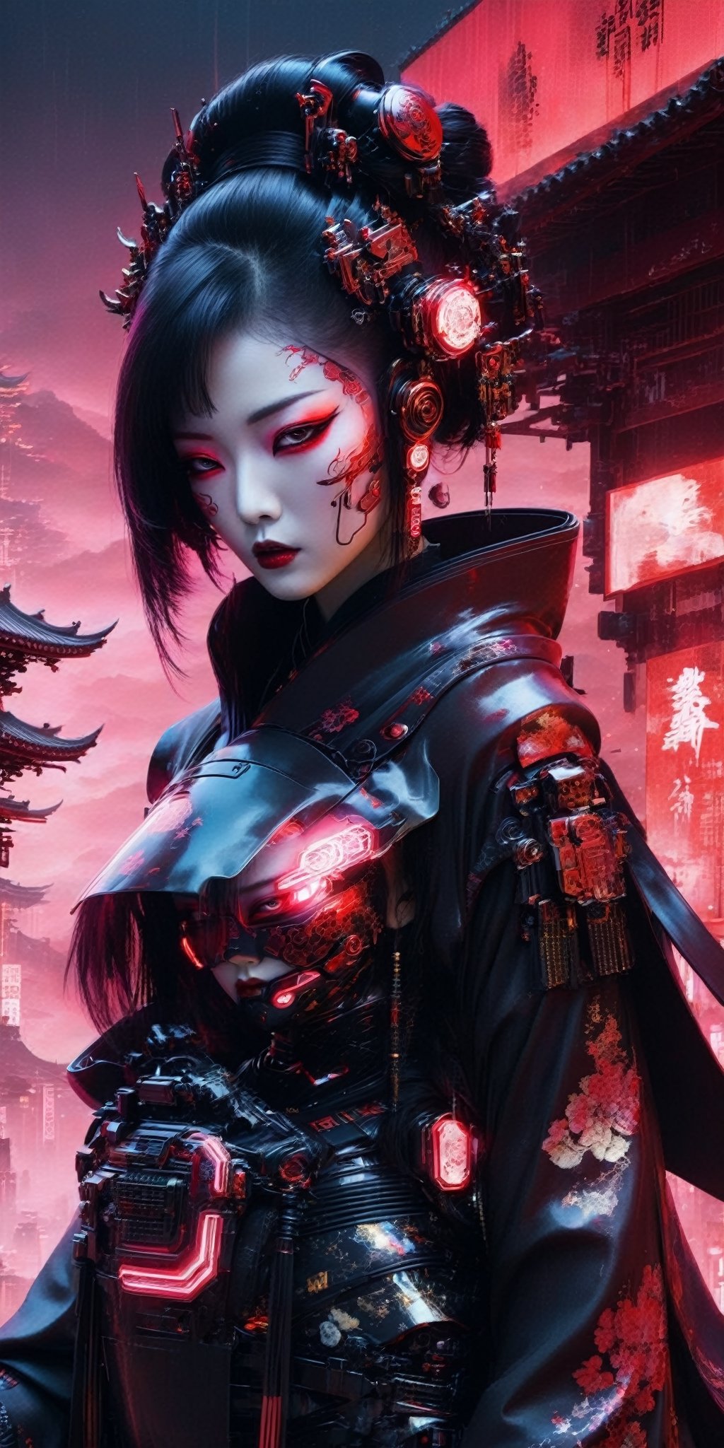 Generate a high-definition, world-class image featuring a lethal geisha cyborg assassin donning a hooded kimono and futuristic armor in a post-apocalyptic setting. The backdrop should depict a red-gold sky, merging elements of neon horror, glitch-core, and dystopian sci-fi aesthetics. The composition should exhibit a blend of modern European ink painting and mixed media, creating a beautifully ominous and hauntingly beautiful scene. The cyborg should exude an androgynous, otherworldly allure, with a captivating fusion of black and neon cosmic art elements. The image should evoke a sense of analog horror, drawing inspiration from the Meiji era silk and space punk influences. This artwork should be a modern masterpiece, exceptionally unique and exquisite in its dark fantasy and apocalypse art style, reminiscent of calotype techniques, with a surreal touch of transparent nylon.