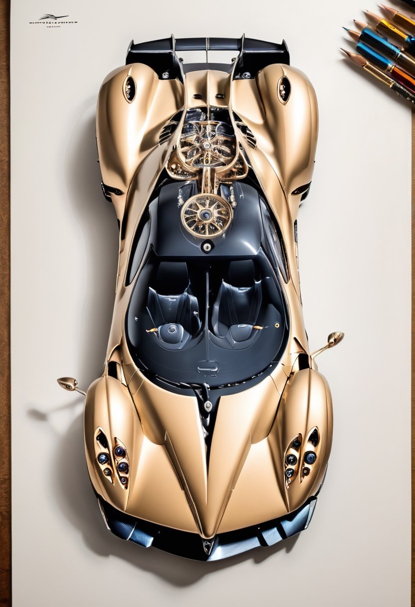 On the theme of (((Pagani Huayra))) specs, apply Leonardo Da Vinci's art style using technical (((drawing and isometric views))). Incorporate the golden ratio, and for added realism, depict a hyper-realistic hand engaged in the drawing process. Infuse a touch of Magical Fantasy style with a target resolution of 6000.,c_car