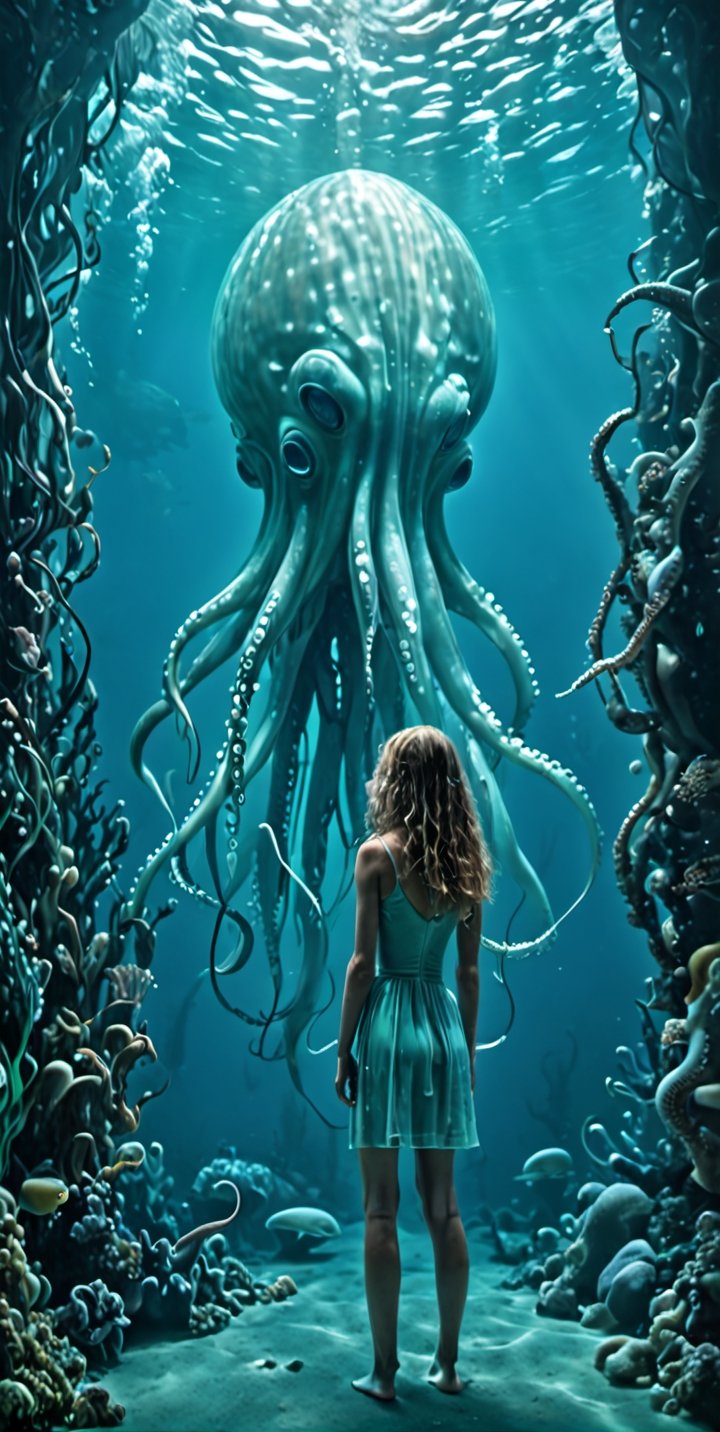 through the transparent barrier of an underwater observation pod, a terrified young girl gazes wide-eyed at the colossal figure of a beautiful  futuristic anthropomorphic beautiful squid-like-woman. The glass wall magnifies the immense alien size, highlighting its rows of razor-sharp teeth and its cold, eyes fixed on the small human. The girl's fear is palpable, her small frame contrasted against the overwhelming might of the A beautiful  futuristic anthropomorphic beautiful squid-like-woman outside, splash art, fractal art, colorful, a winner photo award, detailed photo, Arnold render, 16K, cyborg style, bio-punk style. The underwater scene is enveloped in an eerie blue-green glow, illuminated by the pod's artificial lighting. This tense and dramatic moment is captured as a hauntingly realistic photograph, taken with a telephoto lens that captures both the intricate details of the alien's features and the raw emotion etched across the girl's face, Movie Still