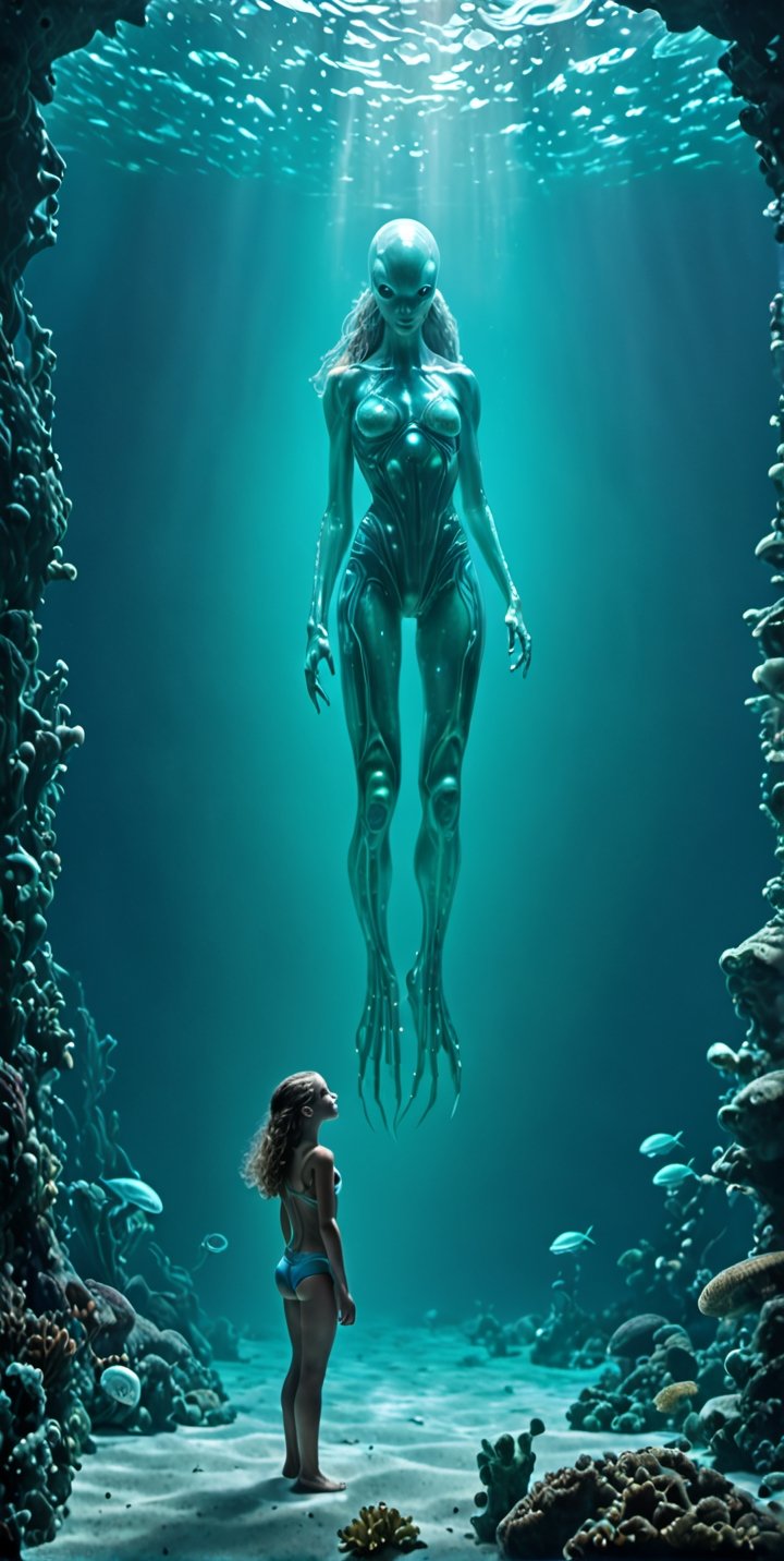 through the transparent barrier of an underwater observation pod, a terrified young girl gazes wide-eyed at the colossal figure of an beautiful sexy deep sea translucent glow alien-woman. The glass wall magnifies the immense sexy alien size, highlighting its  white figure and it's eyes fixed on the small young human girl. They are looking to each other. The girl's fear is palpable, her small frame contrasted against the overwhelming might of the A exuberant beautiful  futuristic anthropomorphic alien woman outside, splash art, fractal art, colorful, a winner photo award, detailed photo, Arnold render, 16K, cyborg style, bio-punk style. The underwater scene is enveloped in an eerie blue-green glow, illuminated by the pod's artificial lighting. This tense and dramatic moment is captured as a hauntingly realistic photograph, taken with a telephoto lens that captures both the intricate details of the alien's features and the raw emotion etched across the girl's face, Movie Still