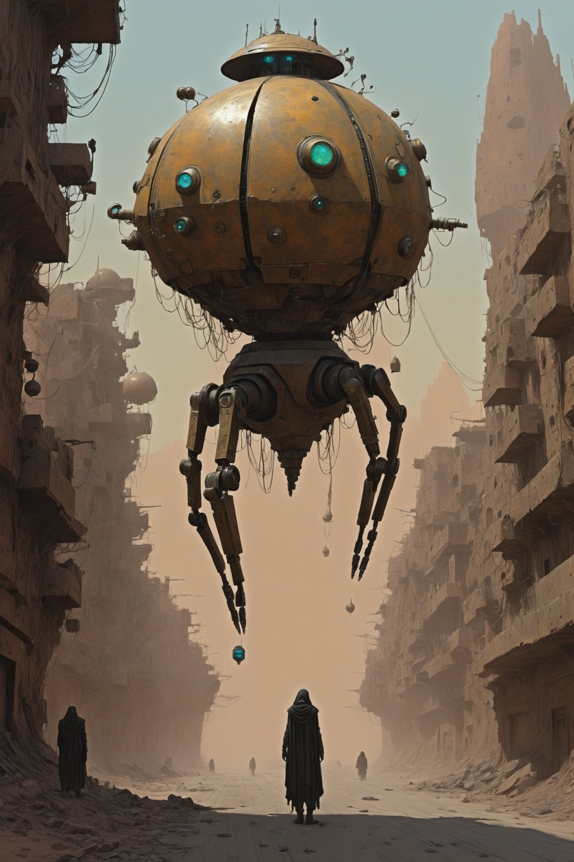 Fallout 5 Levitating Drone Companion, affectionately known as the "(((Squidrone,)))" a versatile and formidable ally equipped with levitation technology, a plethora of sensors, and both defensive and offensive capabilities.

,digital artwork by Beksinski