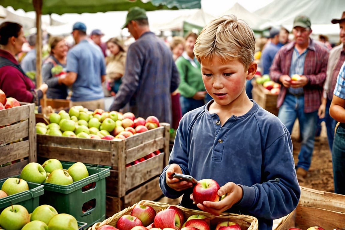 Create an image that captures the scene of a young kid bartering his iPhone for a fresh apple at the bustling farmers' market. The child should be portrayed earnestly offering the smartphone to the farmer or vendor in exchange for the ripe, juicy apple, with onlookers reacting to this unusual trade, highly detailed, masterpiece, photorealistic,nature