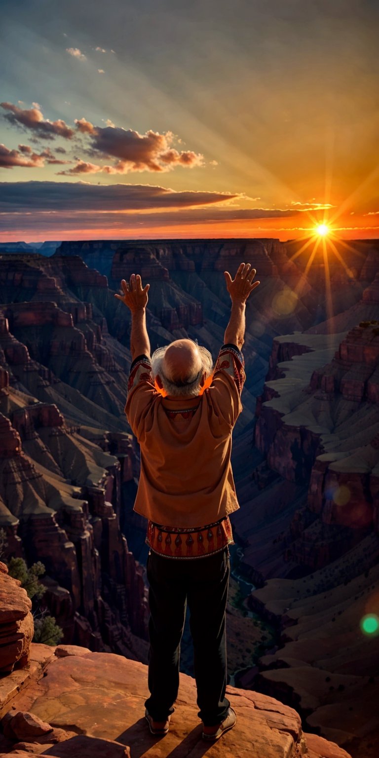 A old Hopi chamán is praying with his arms extended towards the sunrise, a new year has come bringing hope, love, and new dreams. The scene happens at the top of the Grand Canyon in Arizona, the sun is coming out of the mountains , welcome 2024